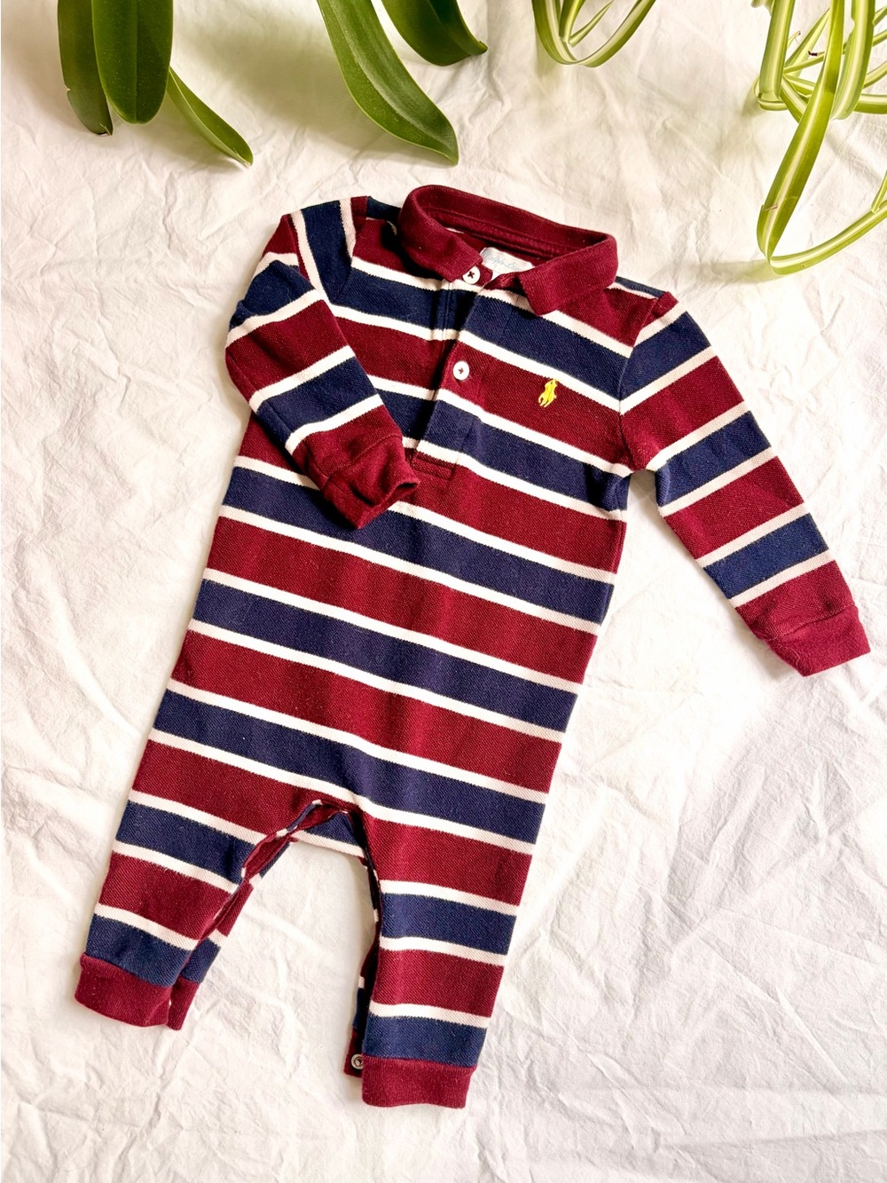 Polo by Ralph Lauren Burgundy, Navy & White Striped One‑Piece Baby Onsie
